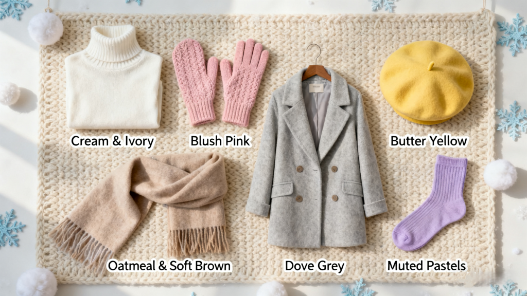Flat lay of soft girl winter clothing pieces (cream turtleneck, blush gloves, dove grey coat, etc.) labeled with their color categories (Cream & Ivory, Blush Pink, etc.) on a knit blanket. Soft girl winter aesthetic color palette guide for mix-and-match outfits.