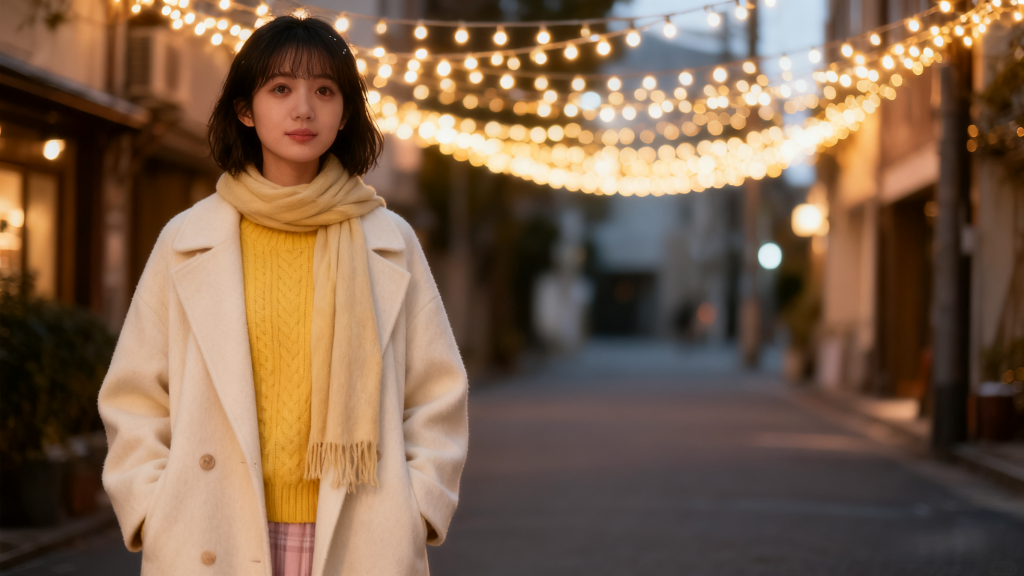 Young woman in cream wool coat, butter yellow cable-knit sweater, and matching scarf, standing on a street decorated with warm fairy lights. Soft girl winter outfit with gentle color tones and cozy textures.