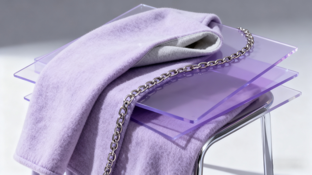 Close-up of plush lavender fleece fabric (with grey contrast lining) placed on clear acrylic panels, paired with a metallic chain detail. Soft girl winter fabric example with gentle pastel color and cozy texture.