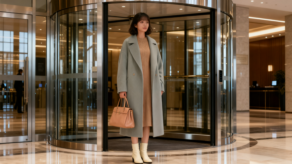 Young woman in muted green long wool coat, beige knit dress, and cream boots, holding a light brown leather handbag while standing at a revolving door in a modern lobby. Soft girl winter formal style with gentle color palette and polished textures.