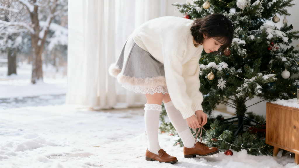 Young woman in cream oversized sweater, grey skirt with furry hem and lace trim, white knee-high socks, and brown leather shoes, adjusting laces by a snow-decorated Christmas tree. Soft girl winter holiday outfit with gentle textures and festive vibe.