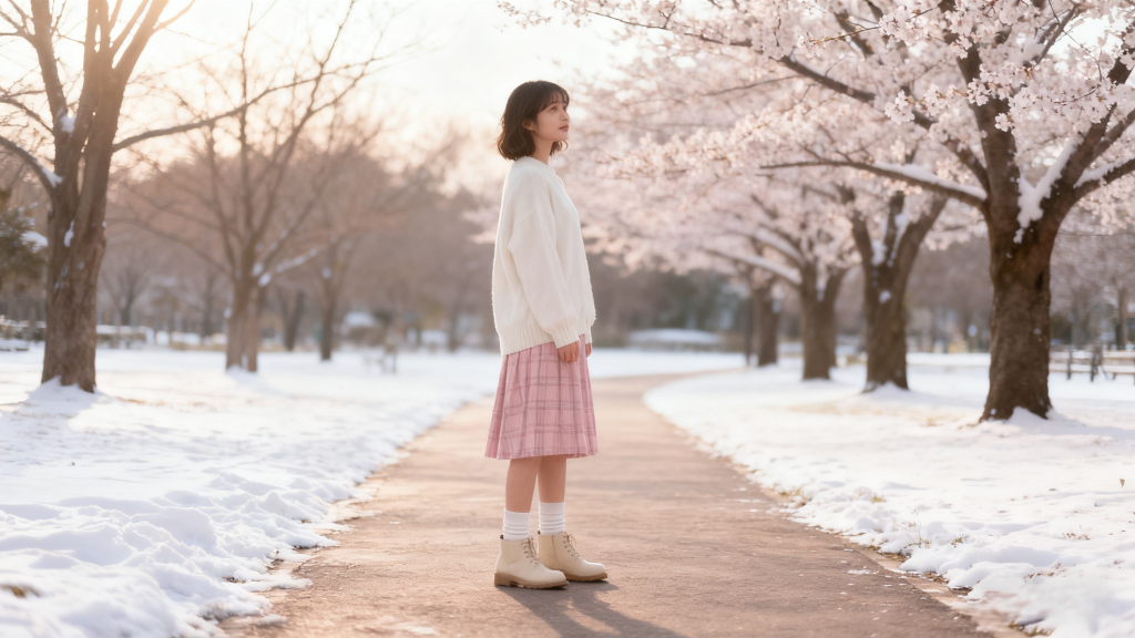 Young woman in cream oversized sweater, blush plaid skirt, white socks, and beige boots, standing on a path in a snow-covered park with cherry blossom trees. Soft girl winter style with gentle color tones and serene seasonal atmosphere.
