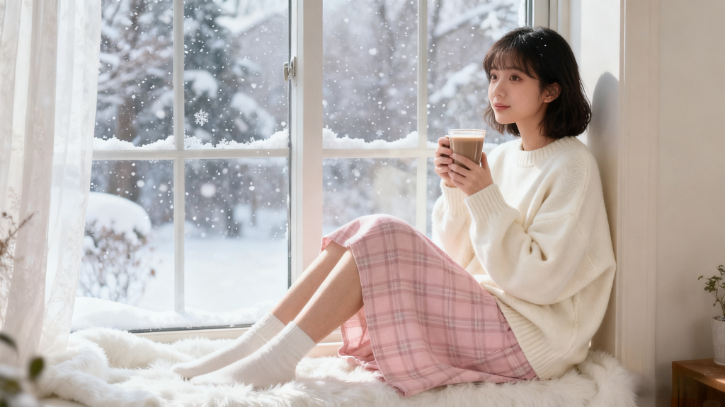 Young woman in cream oversized sweater and blush plaid skirt, holding a warm drink while sitting on a fluffy rug by a snow-covered window. Soft girl winter style with cozy textures and gentle color palette.