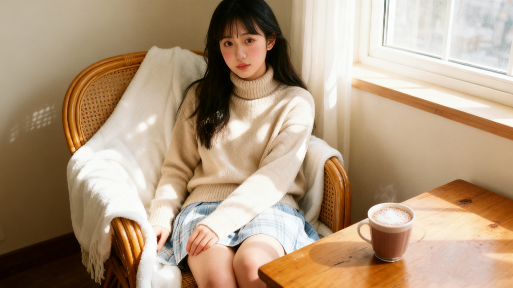 Young woman in cream turtleneck sweater and blue plaid mini skirt, sitting on a wicker chair with a white blanket, by a sunlit window with a cup of hot cocoa. Soft girl winter aesthetic outfit, cozy and feminine cold-weather style.