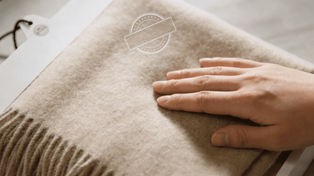 Hand touching a light beige cashmere scarf, showing its soft, fine texture with attached product tag.