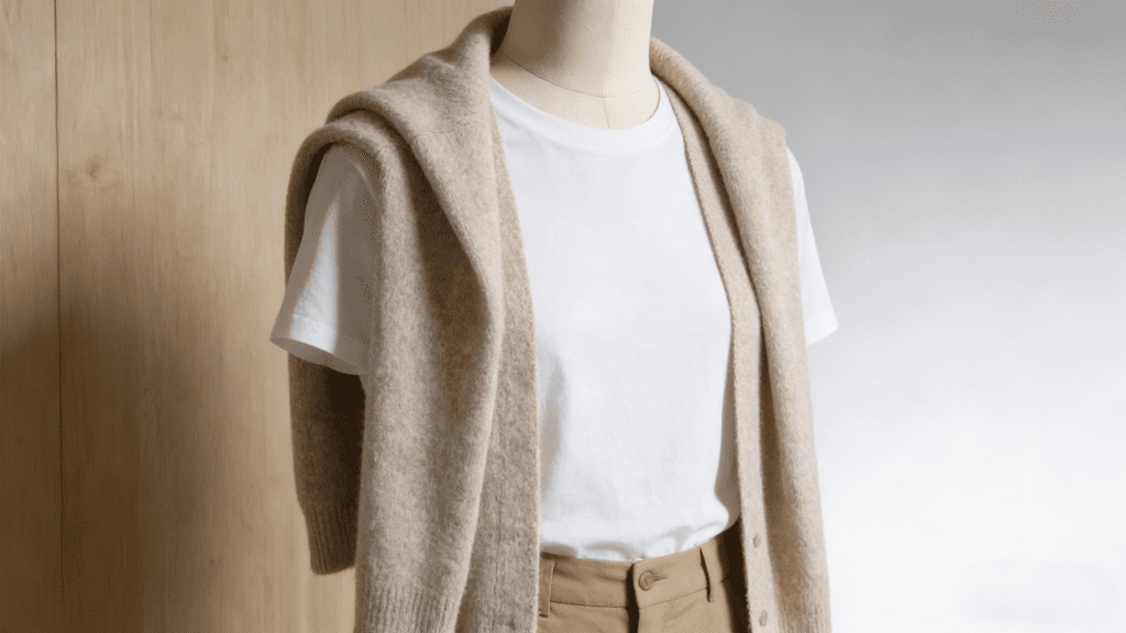 Mannequin styled with a beige cashmere cardigan layered over a white t-shirt and tan trousers, set against a light wooden background. The look showcases a versatile, everyday cashmere wardrobe piece.