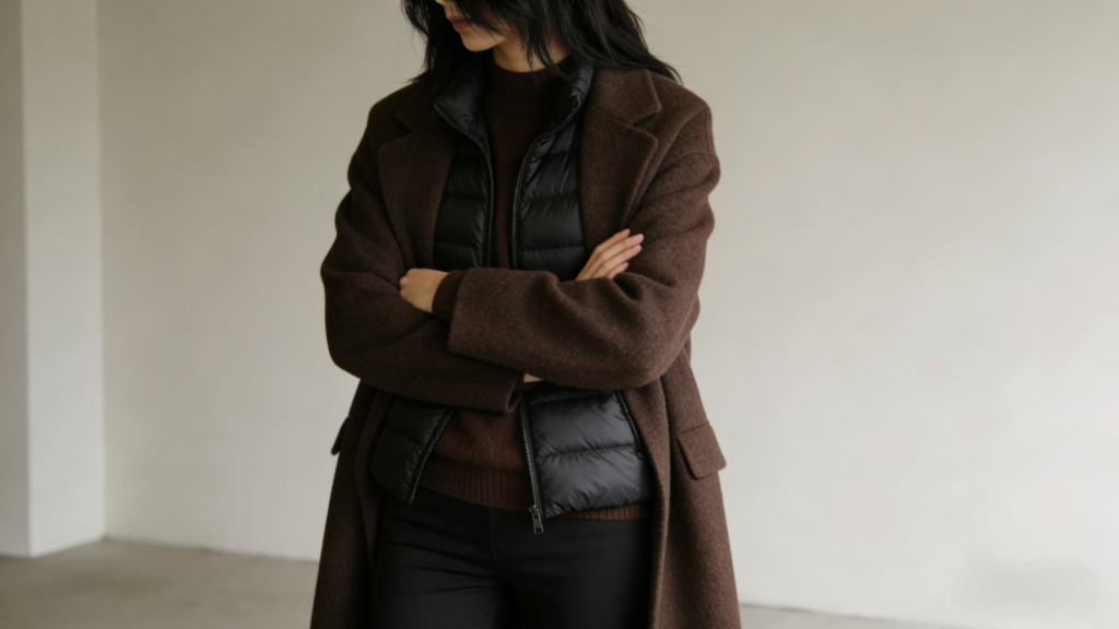 Cozy winter layered ensemble: Chocolate brown wool overcoat, black puffer vest, brown turtleneck sweater, and black trousers – practical minimalist winter look