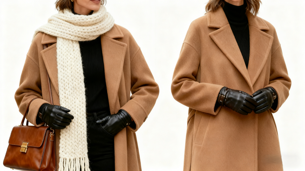 Woman styling a camel wool coat with a chunky knit scarf, sleek leather gloves, and a structured leather bag—accessories that enhance winter outfit shape without adding bulk.