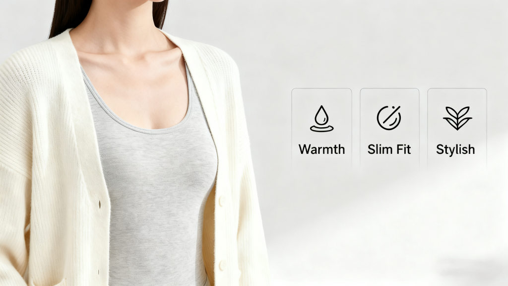 Close-up of a woman wearing a lightweight thermal base layer and a slim-fit knit cardigan, showcasing winter layering that balances warmth, a streamlined silhouette, and stylish design.