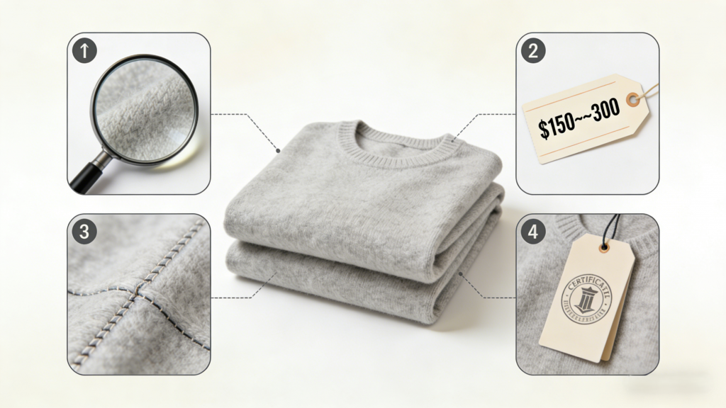 4 key steps to choose quality cashmere: 1) Check fiber texture 2) Reasonable price range ($150-300) 3) Inspect stitching 4) Verify certification