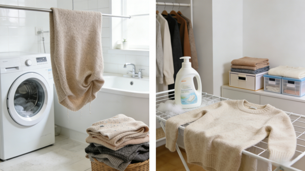 Left: Improper cashmere care (hanging/washing with other clothes); Right: Proper care (gentle wash, flat drying, folded storage)