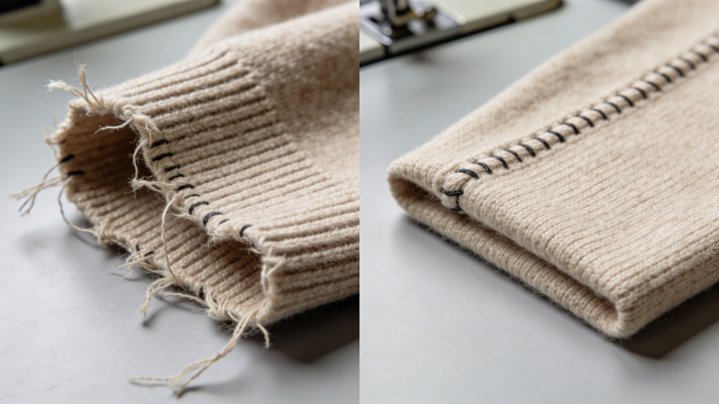 Left: Poorly stitched cashmere (frayed edges); Right: Well-constructed cashmere (tight, clean stitching)