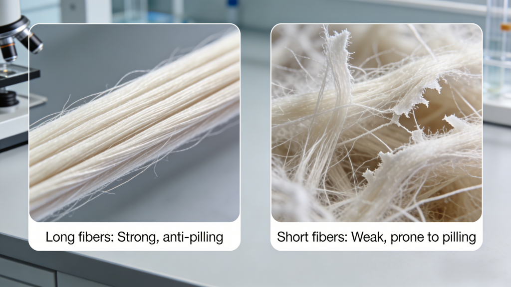 Microscopic view: Long cashmere fibers (strong, anti-pilling) vs short cashmere fibers (weak, pilling-prone)
