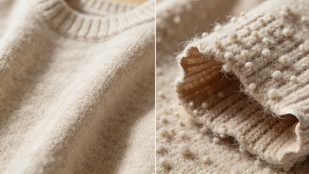 Comparison of high-quality vs low-quality cashmere sweaters (fiber length affects durability)