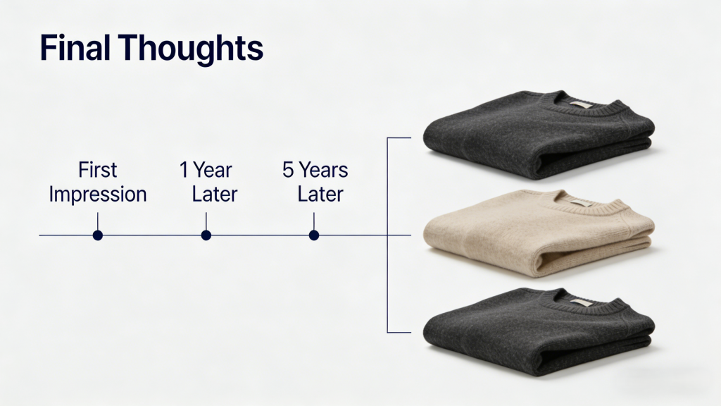 Final Thoughts: Cashmere quality timeline (first impression, 1 year later, 5 years later) — high-quality cashmere retains durability over time
