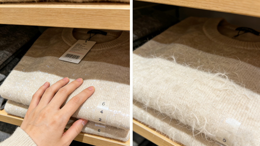 Left: Store-bought cashmere (chemically softened); Right: Degraded cashmere after washing (rough/fuzzy texture)