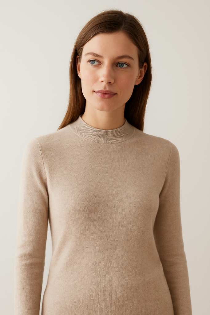 Woman dressed in a slim-fit cashmere sweater, thin down vest, and tailored camel wool coat, demonstrating a bulky-free winter layering formula in an urban snowy setting.